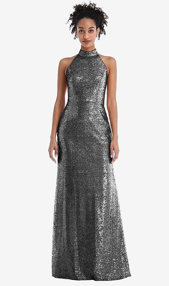 stand collar halter sequin trumpet gown