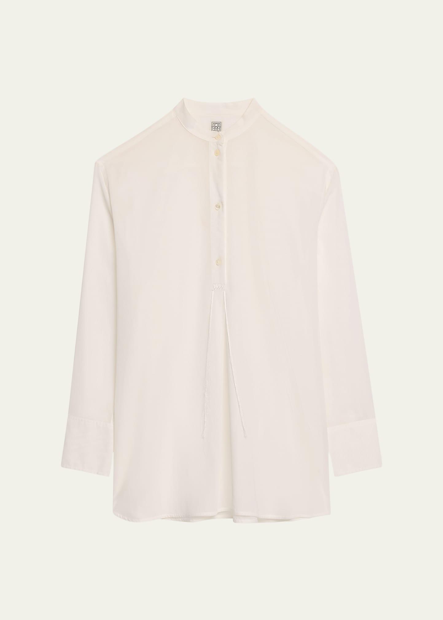 stand-collar tassel cotton voile shirt