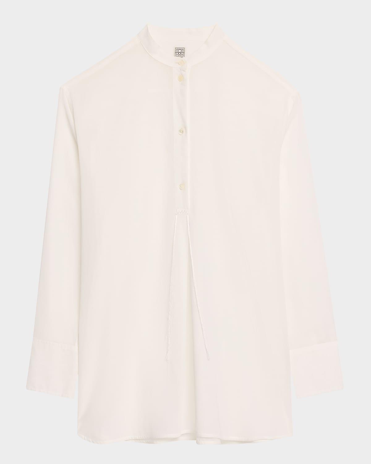 stand-collar tassel cotton voile shirt