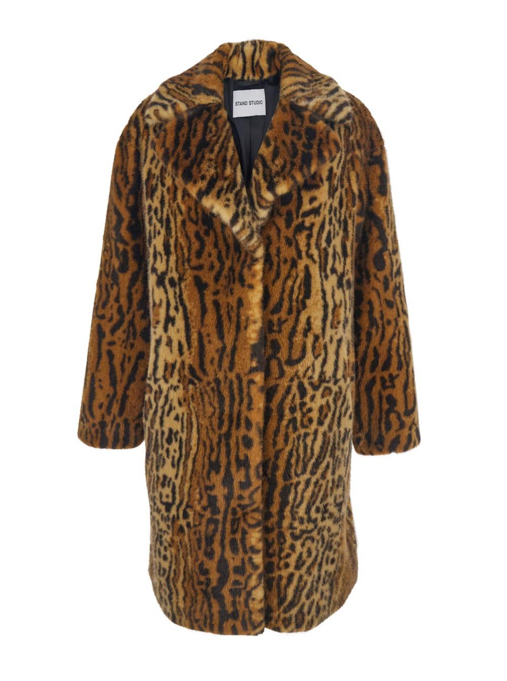 stand studio camille brown coat with wide notched revers and all-over leopard motif in ecofur woman