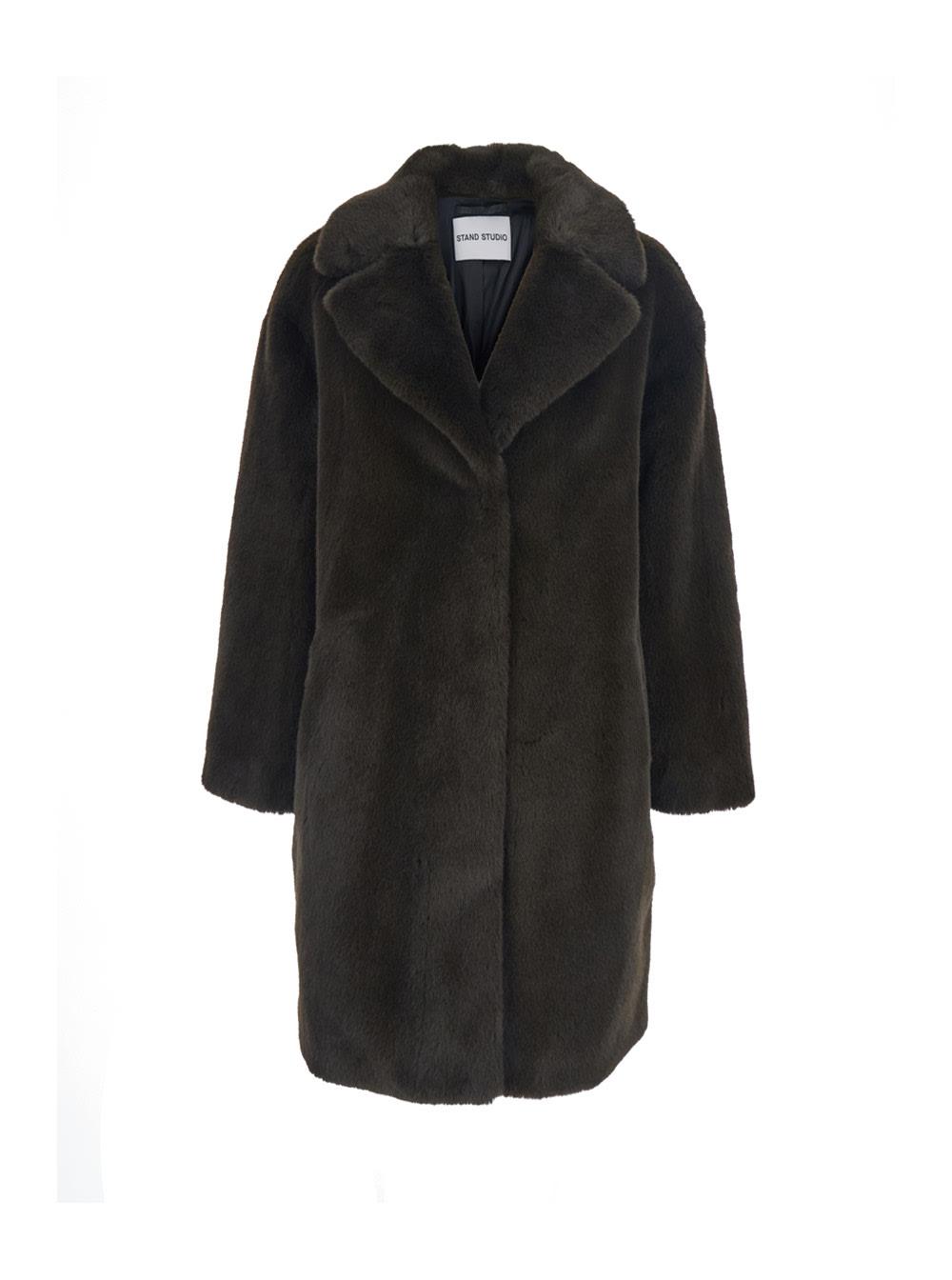 stand studio camille brown coat with wide notched revers and front concealed closure in ecofur woman