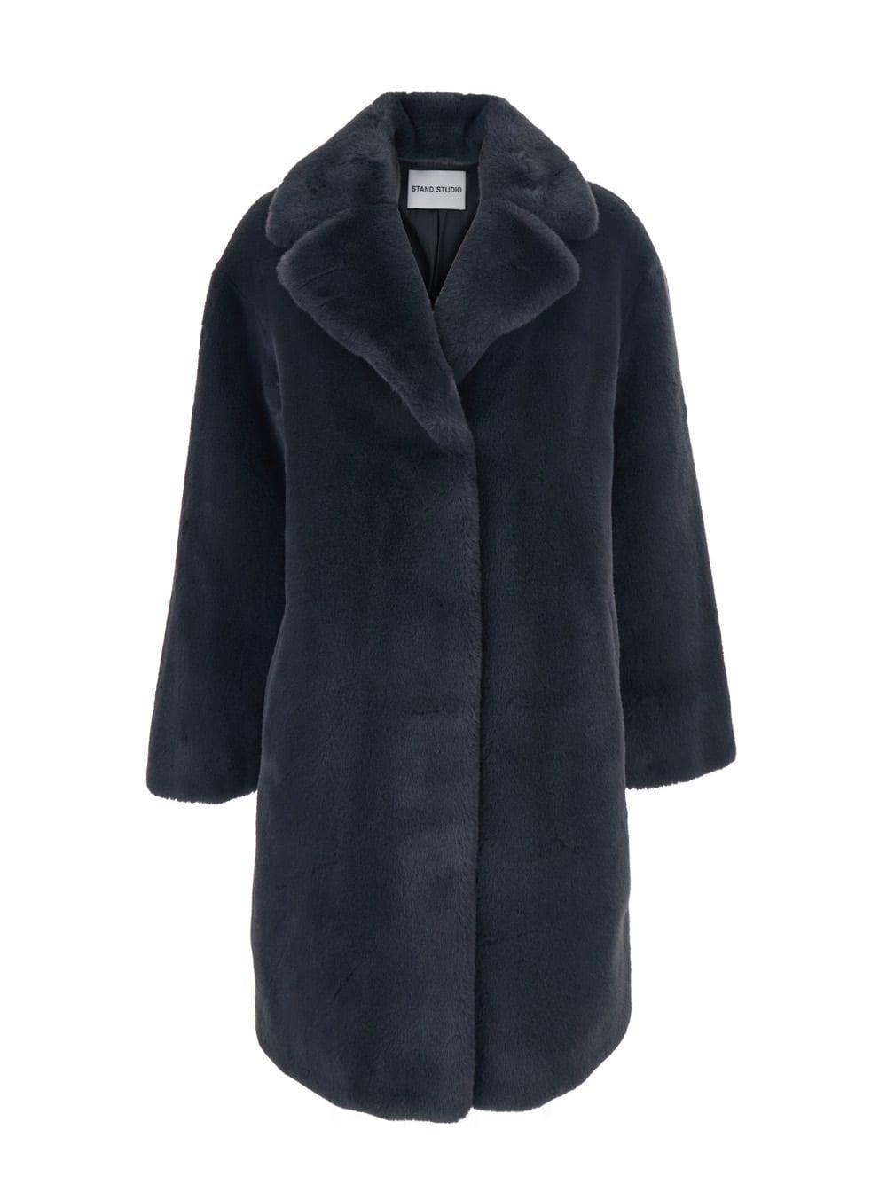 stand studio camille grey coat with wide notched revers and front concealed closure in ecofur woman