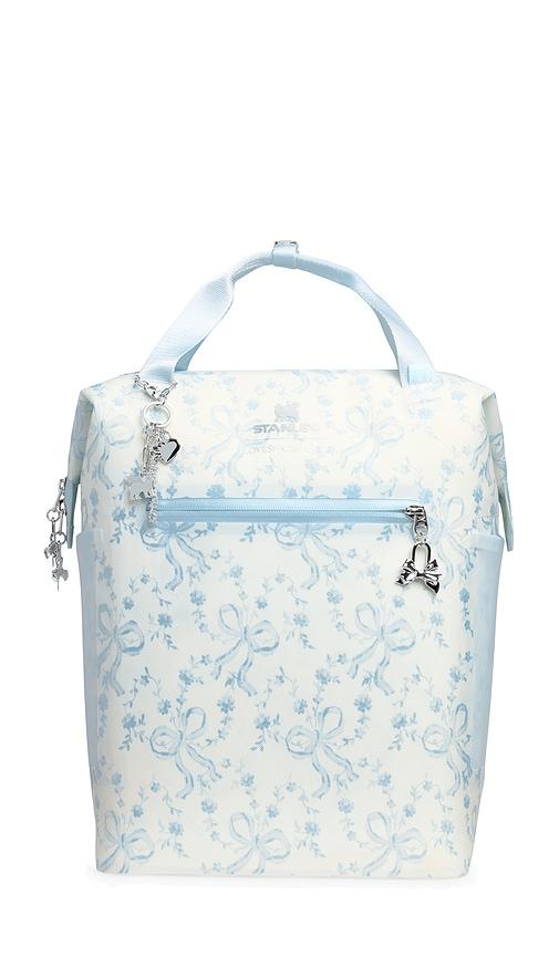 stanley x loveshackfancy the all-day madeleine mini cooler backpack 14qt in baby blue.