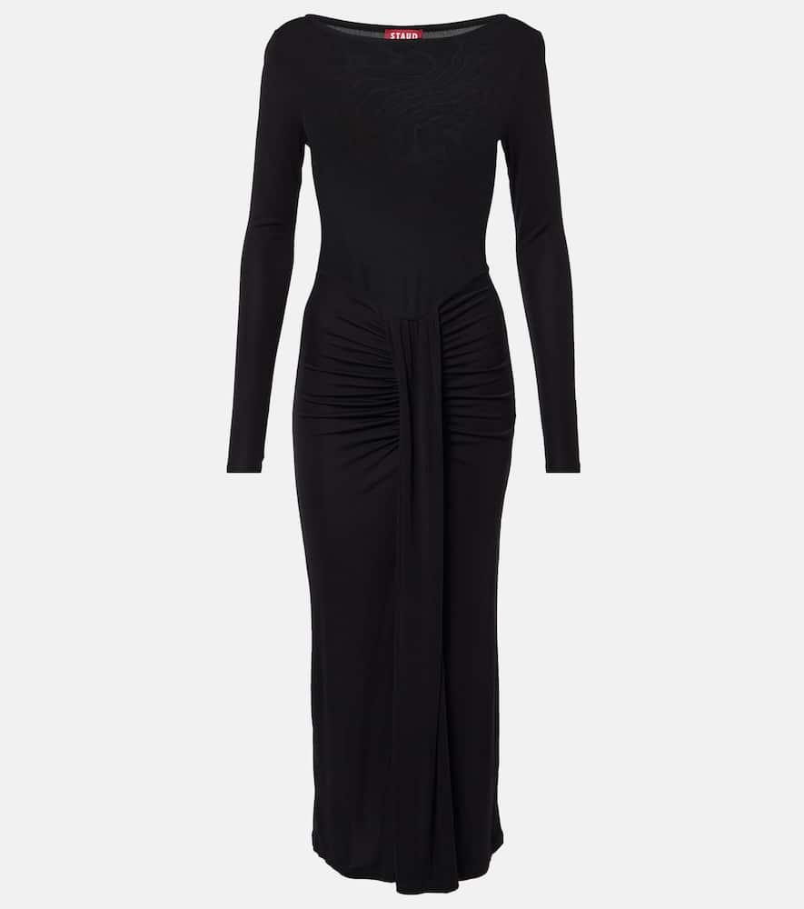 staud ruched jersey midi dress