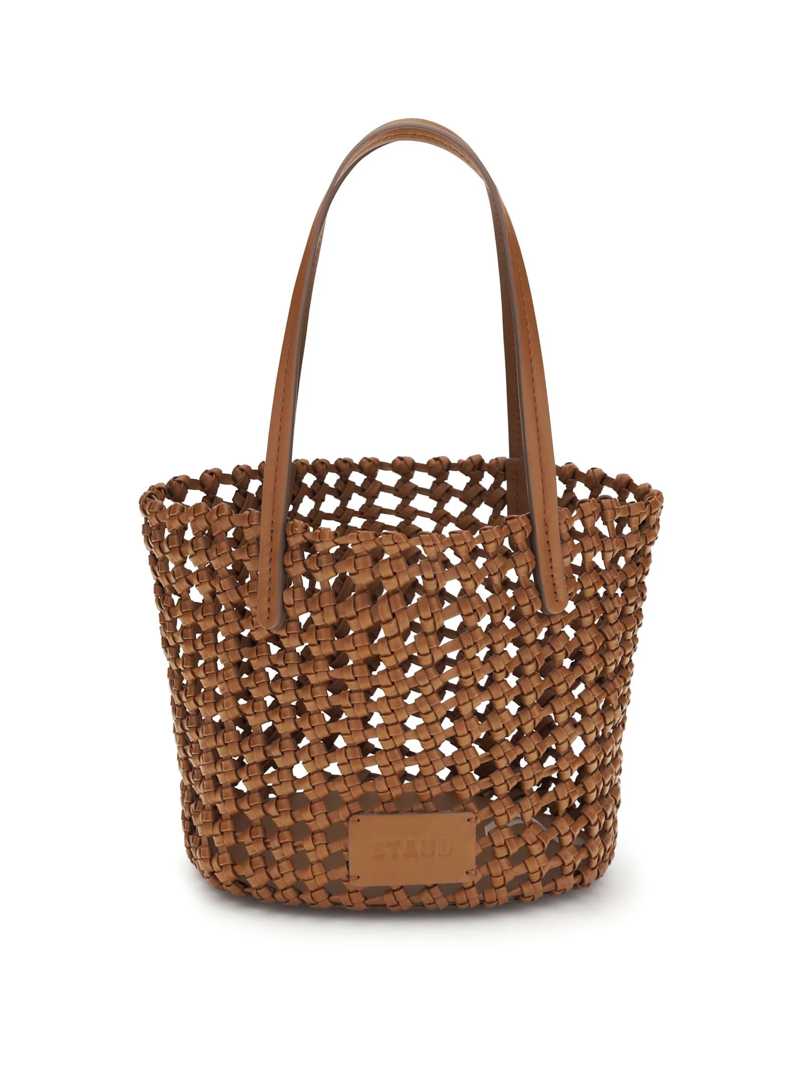 staud woven leather bucket bag