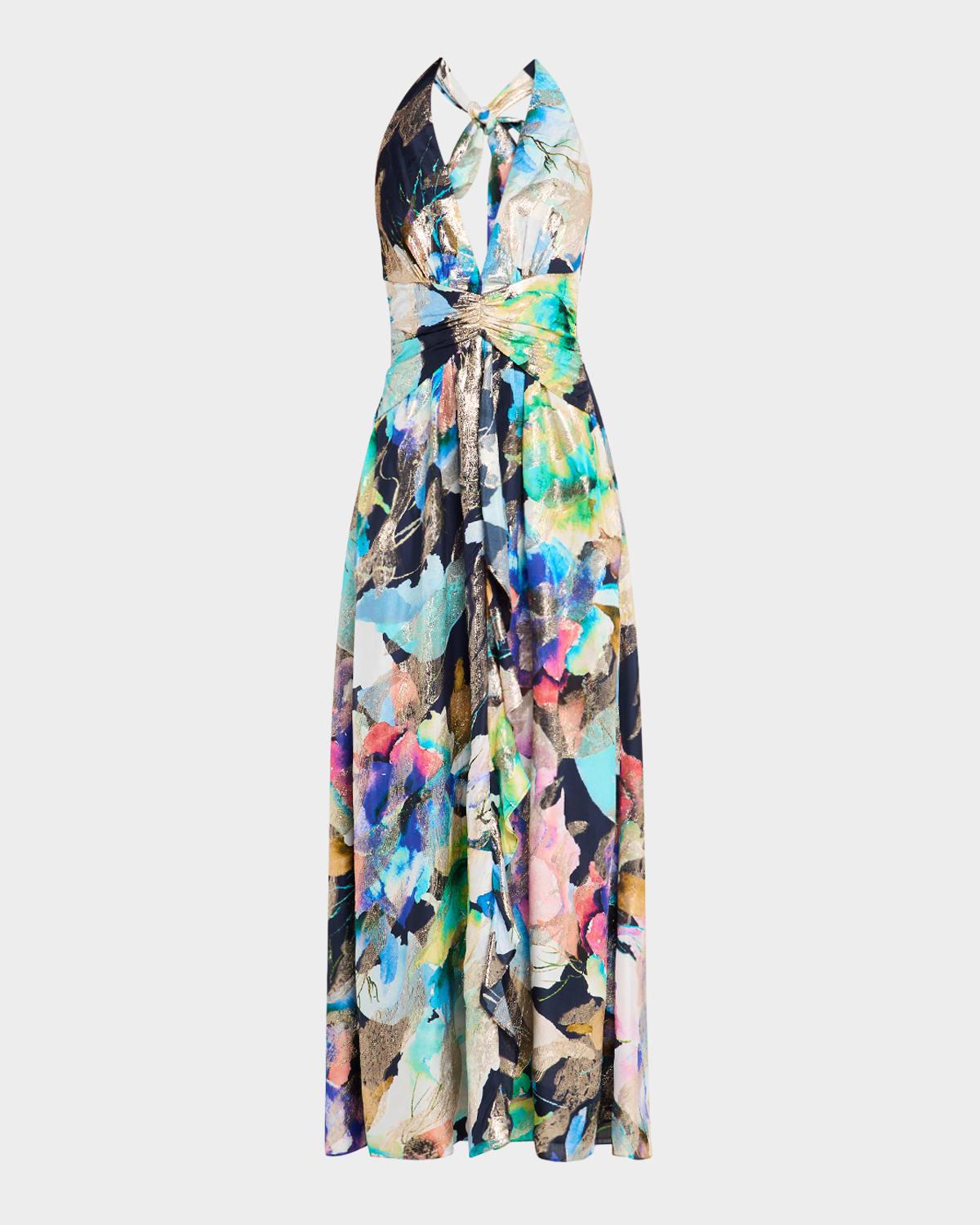stefanie metallic jacquard halter gown