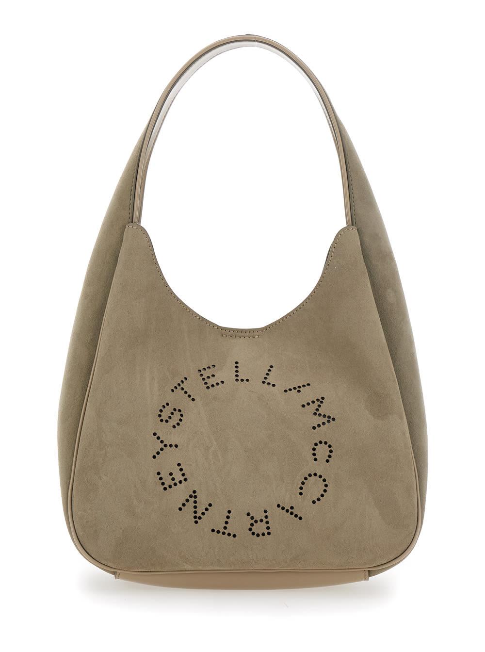 stella mccartney beige shoulder bag with maxi logo lettering on the front in ecosuede woman