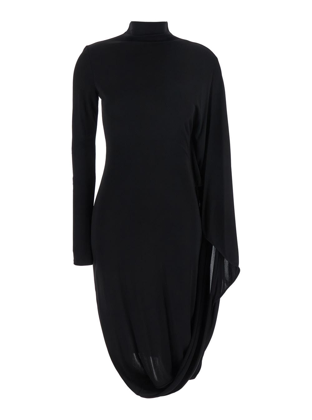 stella mccartney black asymmetric midi dress with high neck and one cape sleeve in viscose woman