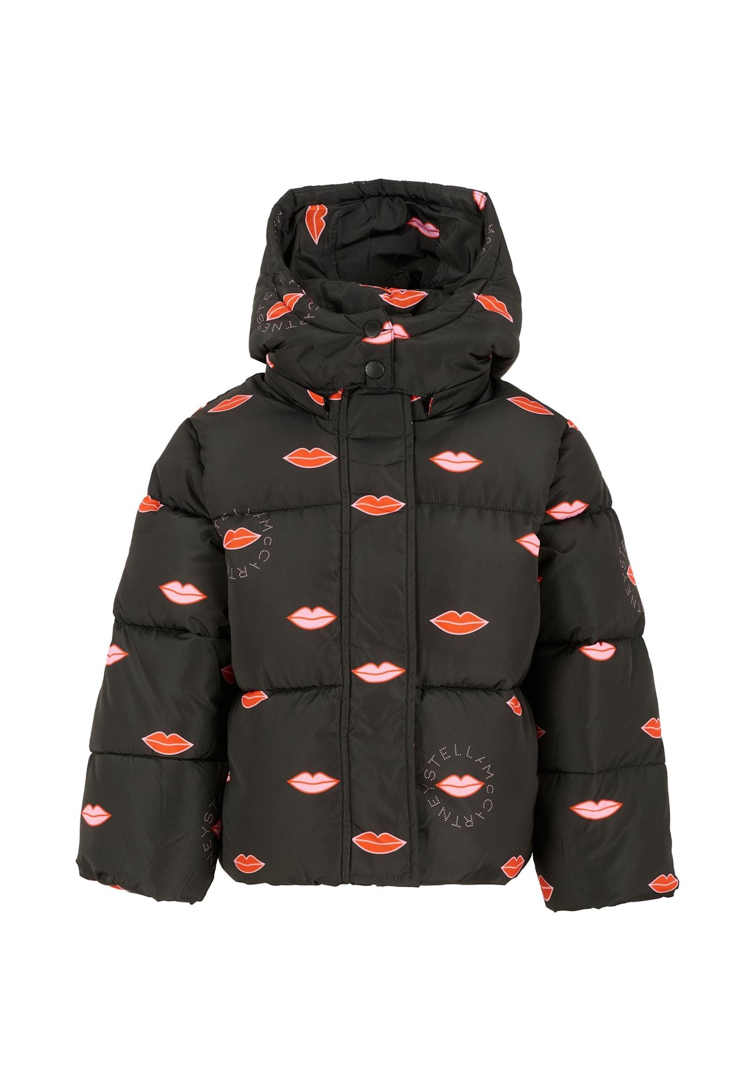 stella mccartney kids black down jacket for girl with mouth