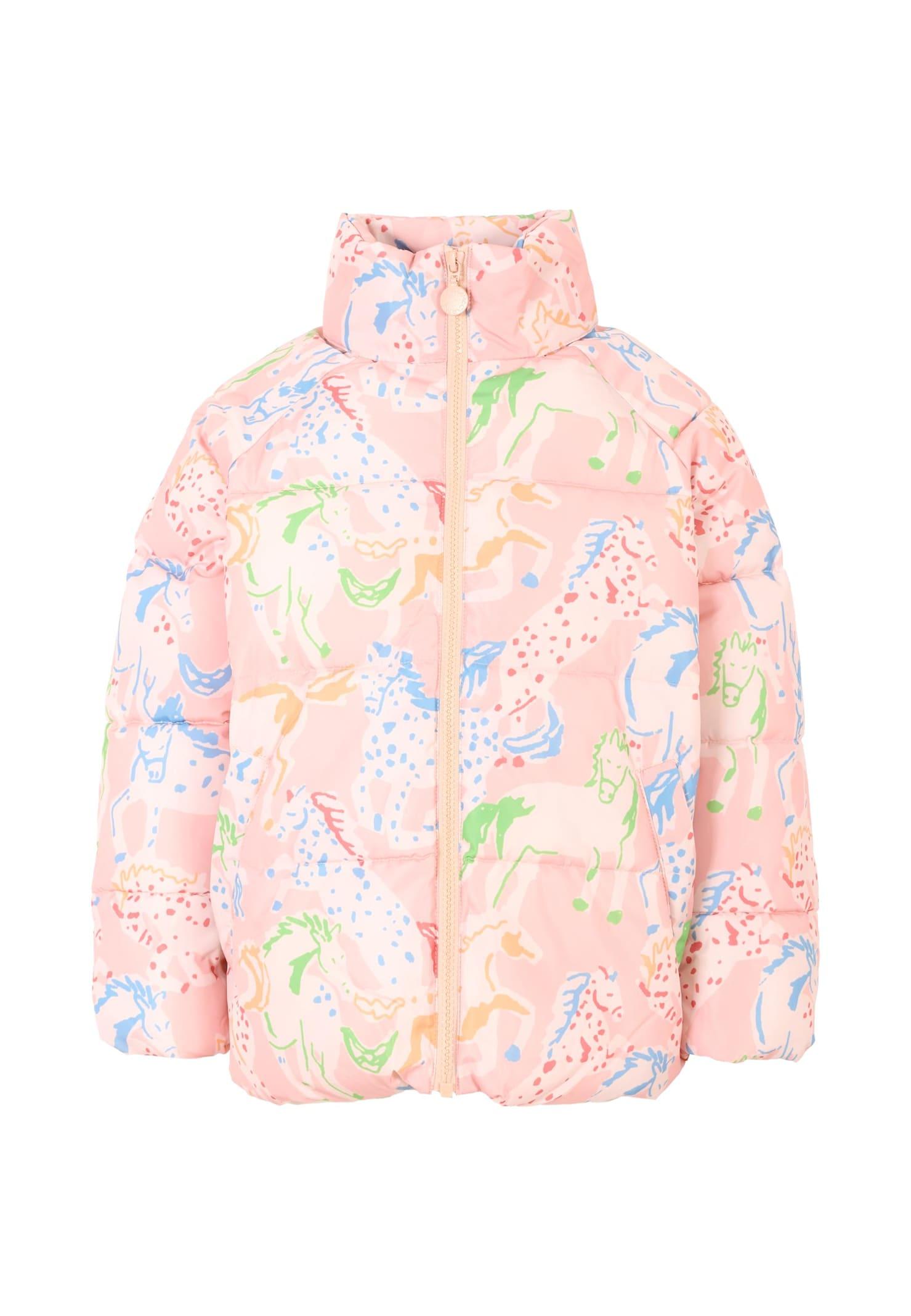 stella mccartney kids pink down jacket for girl with colorful print