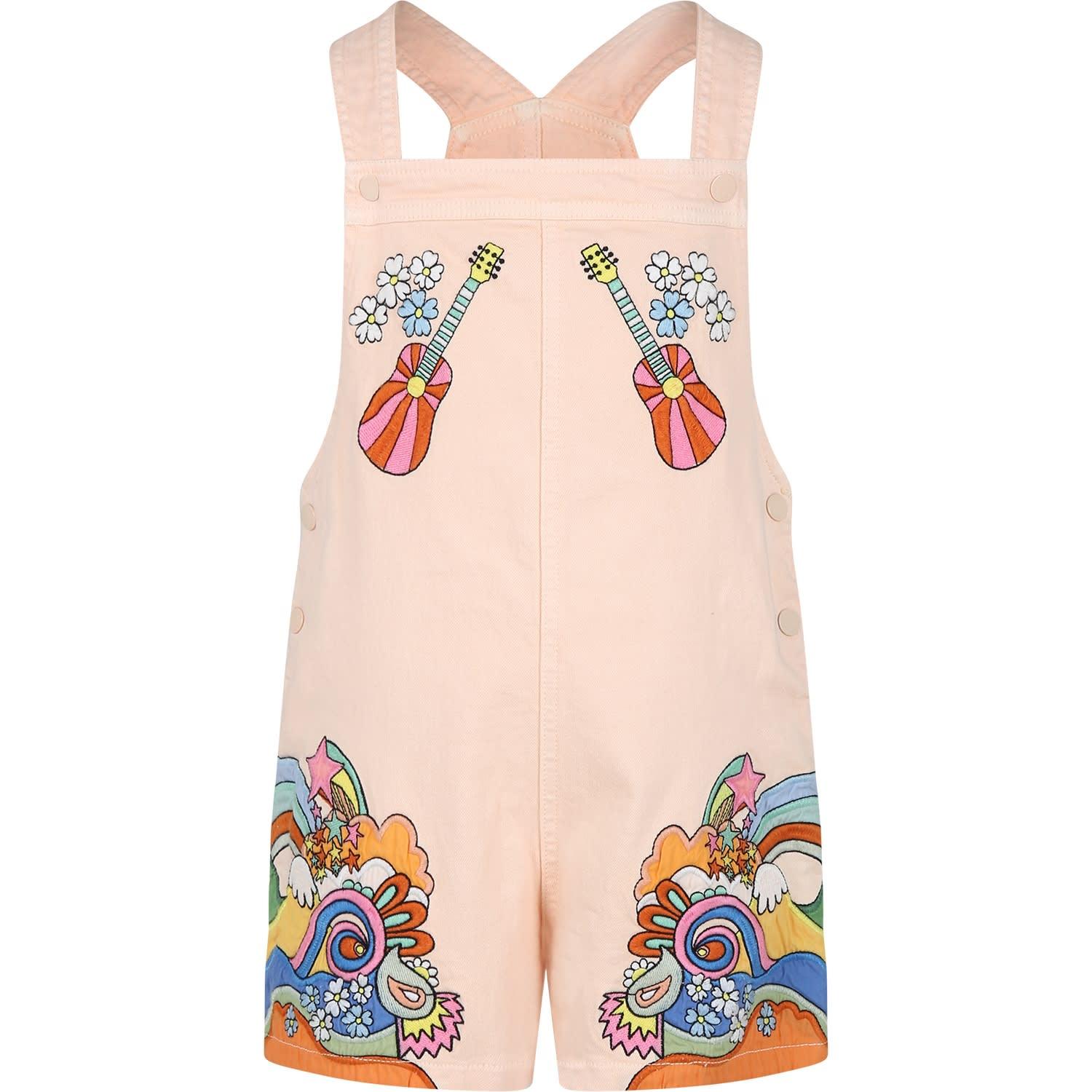 stella mccartney kids pink dungarees for girl with floral embroidery