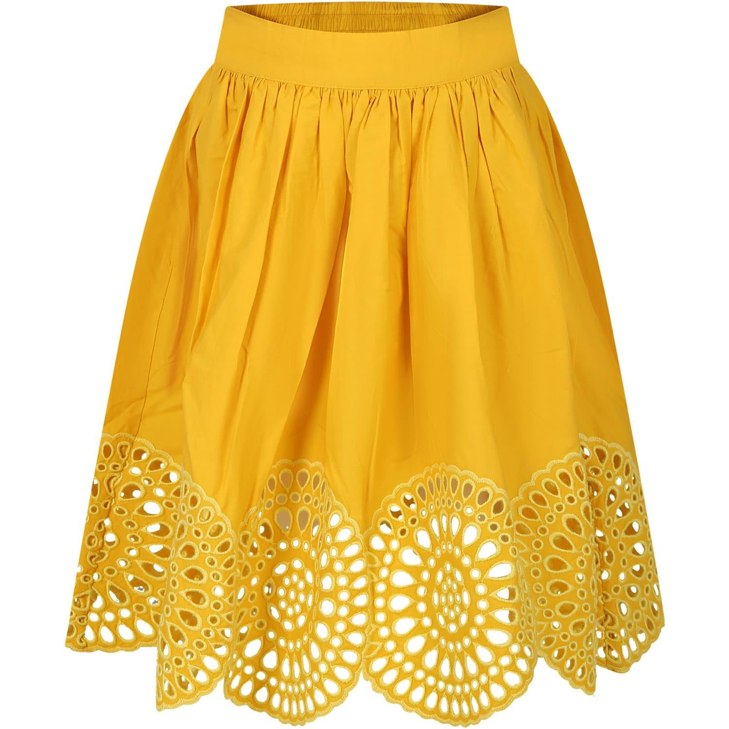stella mccartney kids yellow skirt for girl with macramé lace.