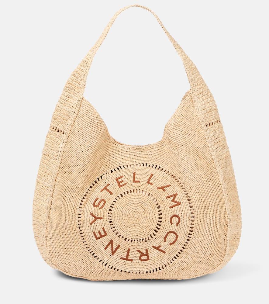 stella mccartney logo embroidered raffia tote bag