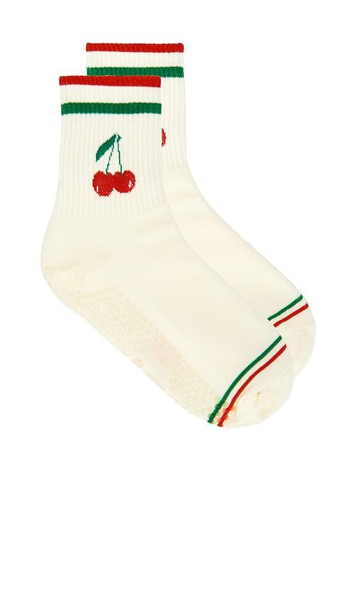 stems cherry grip striped crew socks in ivory.