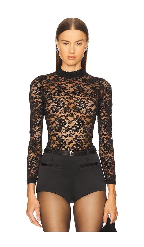 stems lace mock neck bodysuit in black.