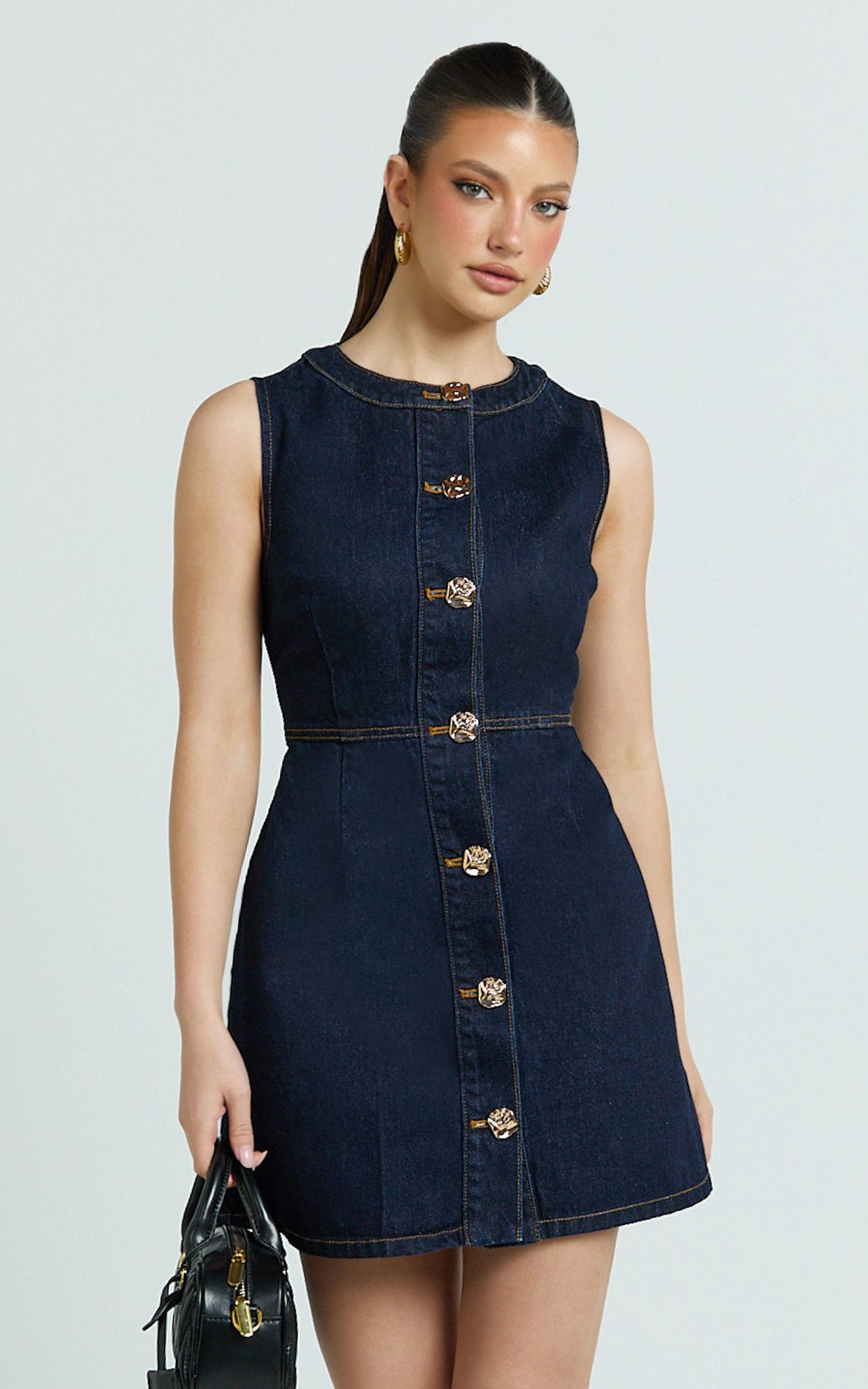 stephanie mini dress - scoop neck recycled denim dress with hardware in raw indigo