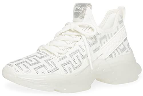 steve madden maxima sneakers women lace up rhinestone chunky low top knit runner white/silver