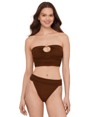 steve madden womens gold tone bead keyhole tube bikini top high leg ruched band swim bottoms