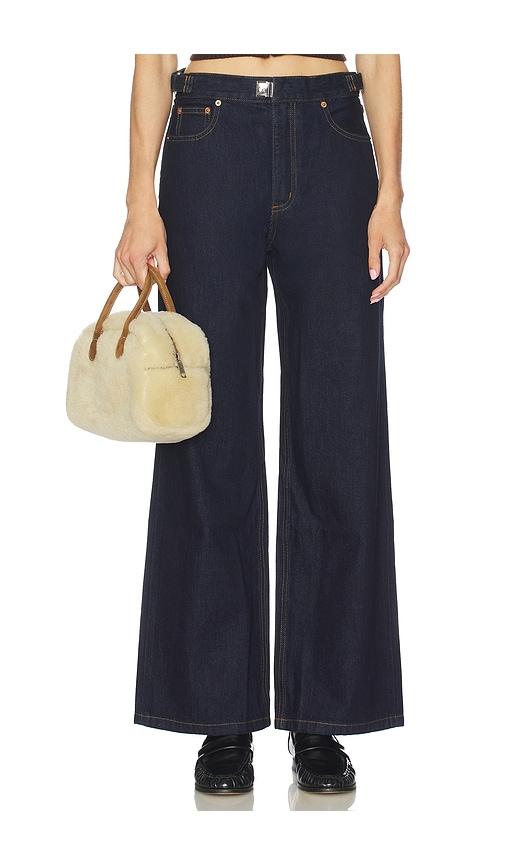 still here buckle wide leg jeans in blue.
