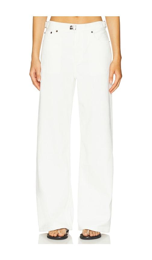 still here buckle wide leg jeans in white.