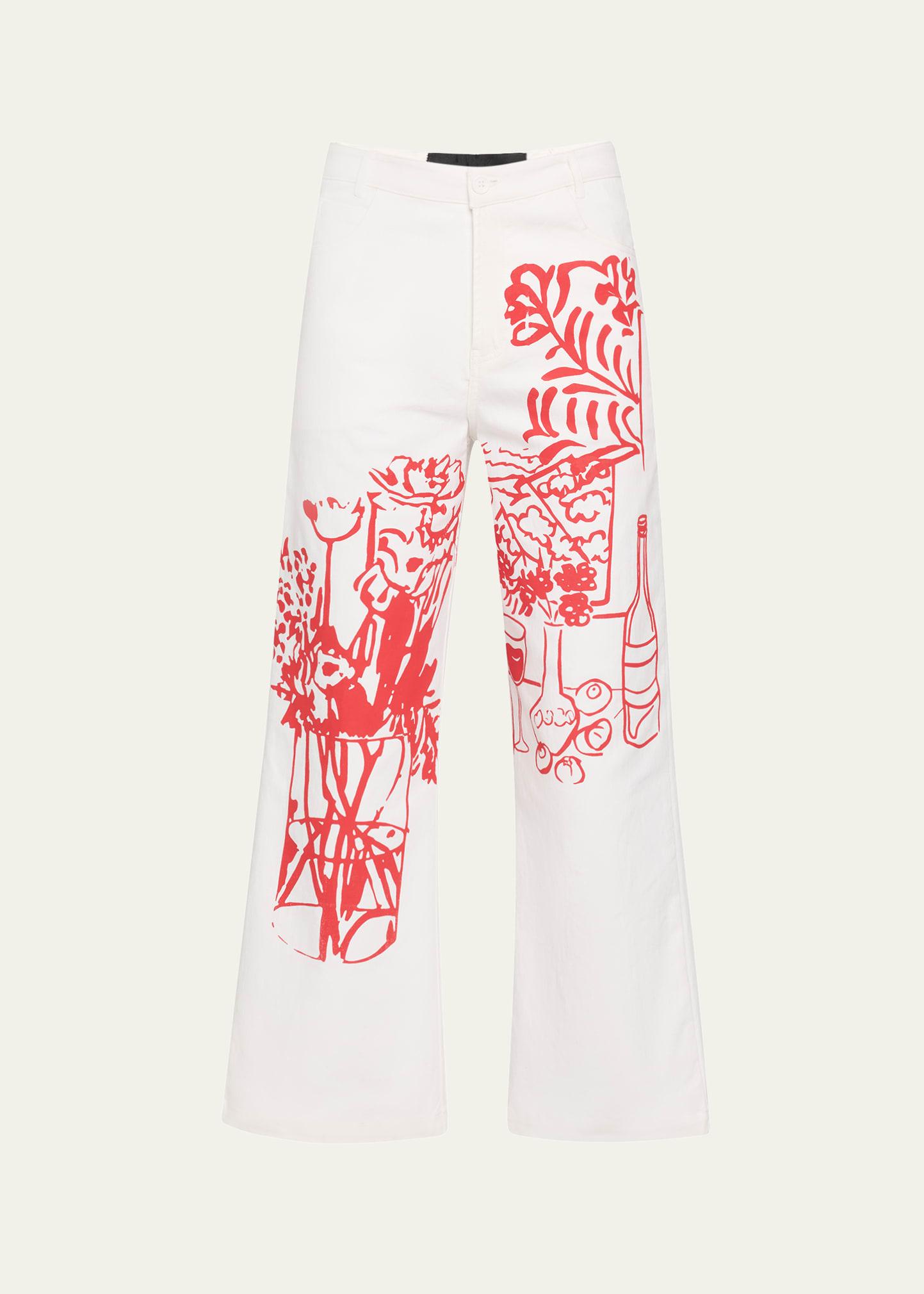 still life silk screen-printed wide-leg crop pants