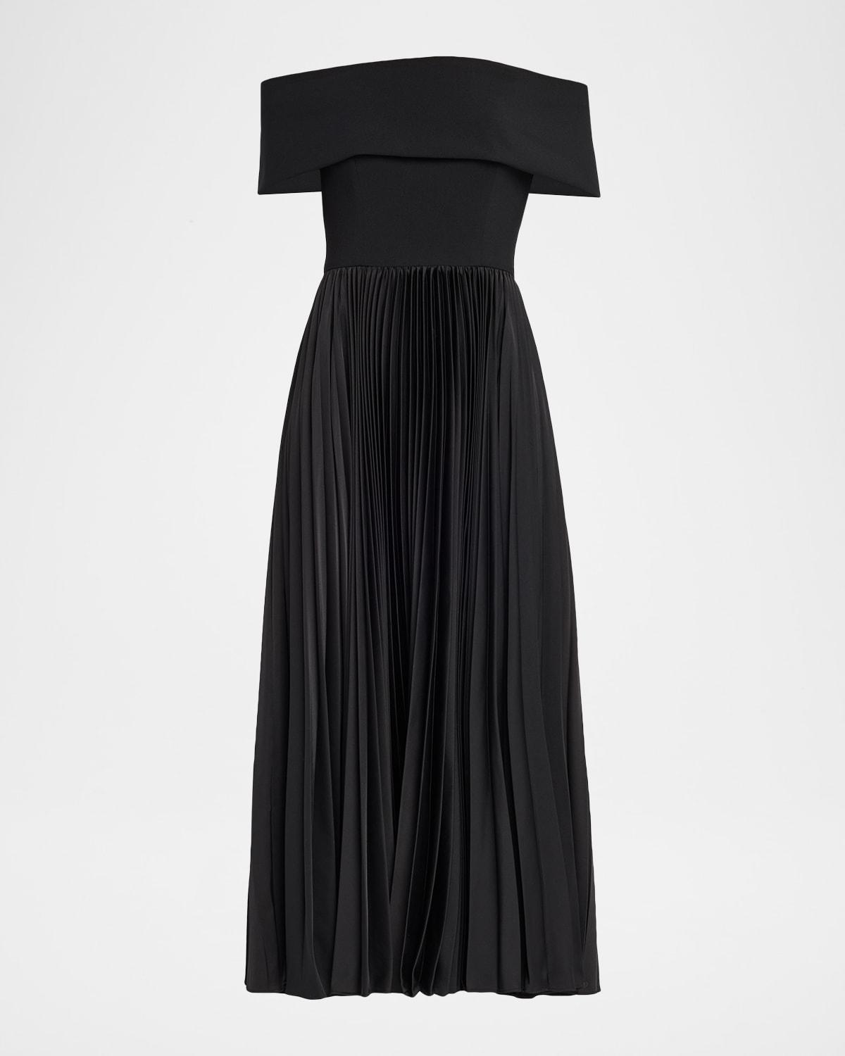 stockton pleated off-shoulder midi dress