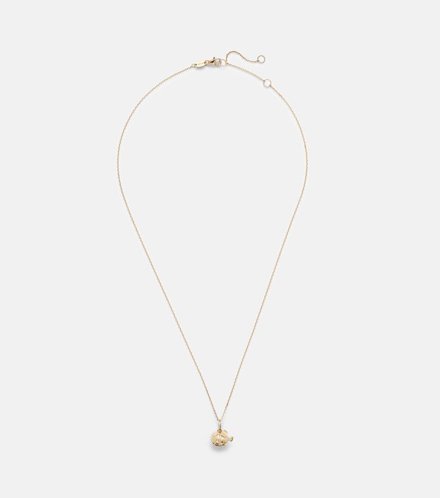 stone and strand puffer fish 14kt gold pendant necklace with diamonds