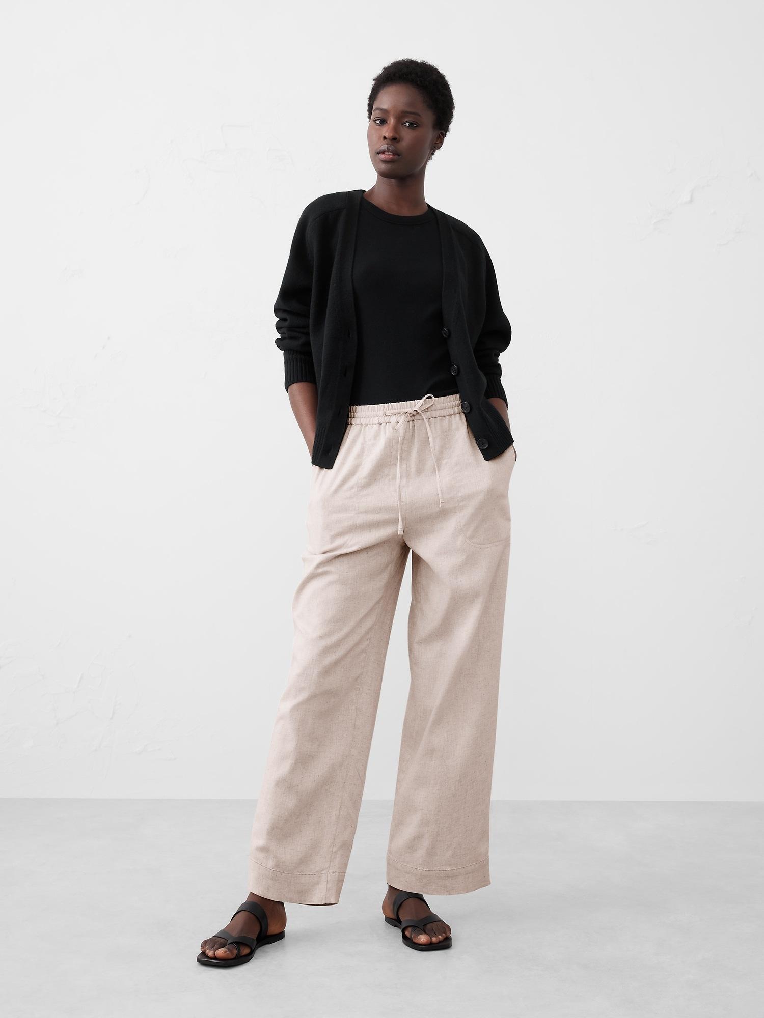 straight linen-blend pull-on pant