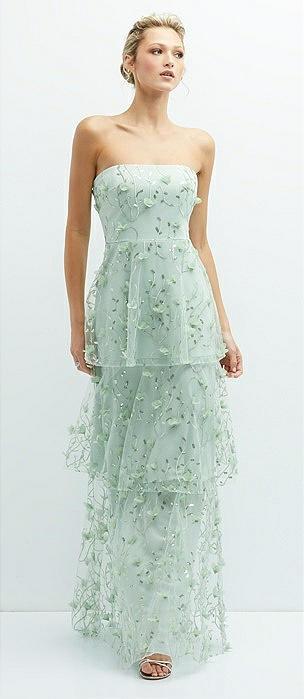 strapless 3d floral embroidered dress with tiered maxi skirt