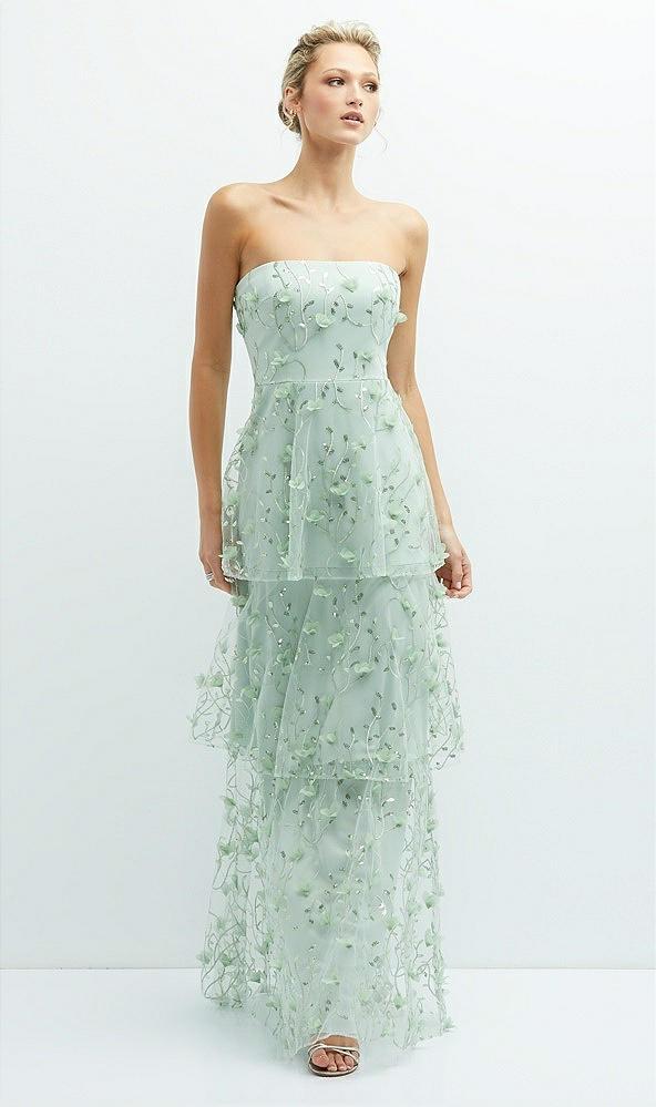 strapless 3d floral embroidered dress with tiered maxi skirt