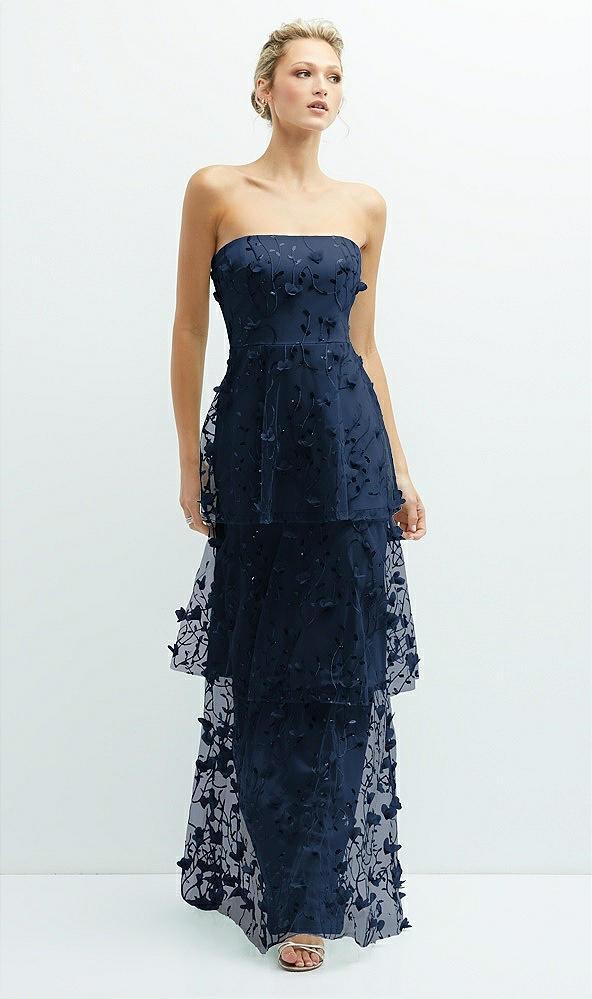 strapless 3d floral embroidered dress with tiered maxi skirt