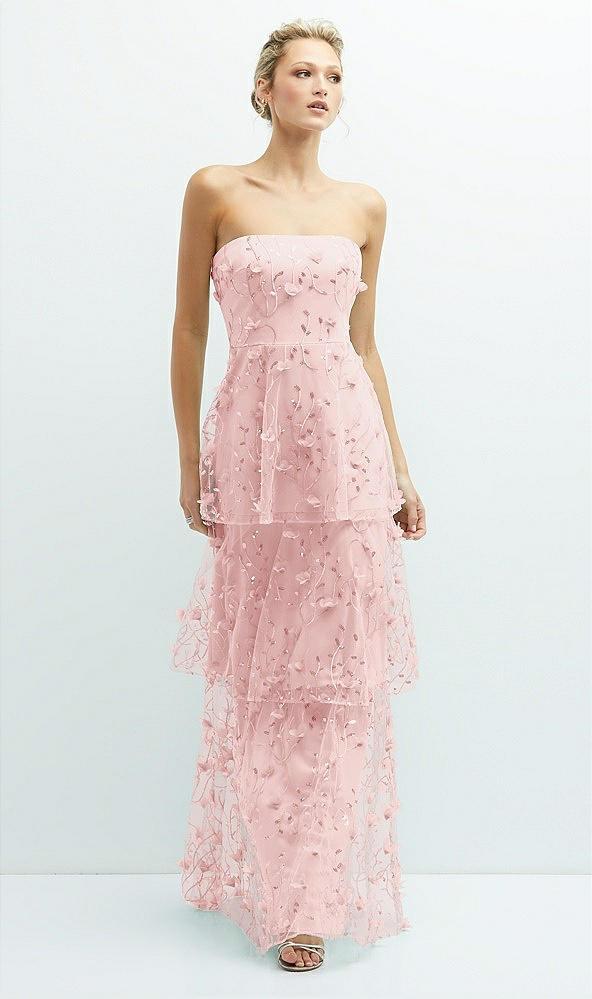 strapless 3d floral embroidered dress with tiered maxi skirt