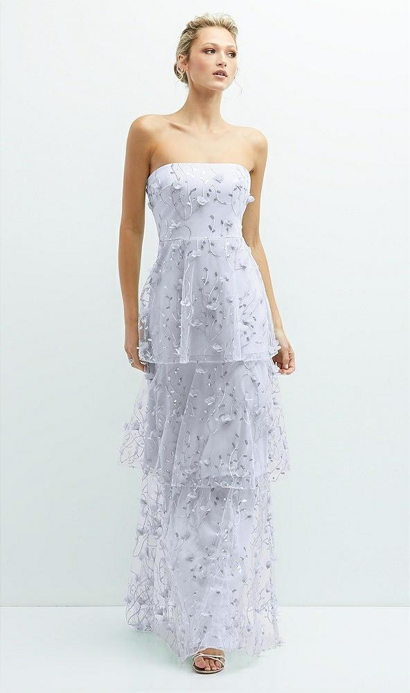 strapless 3d floral embroidered dress with tiered maxi skirt