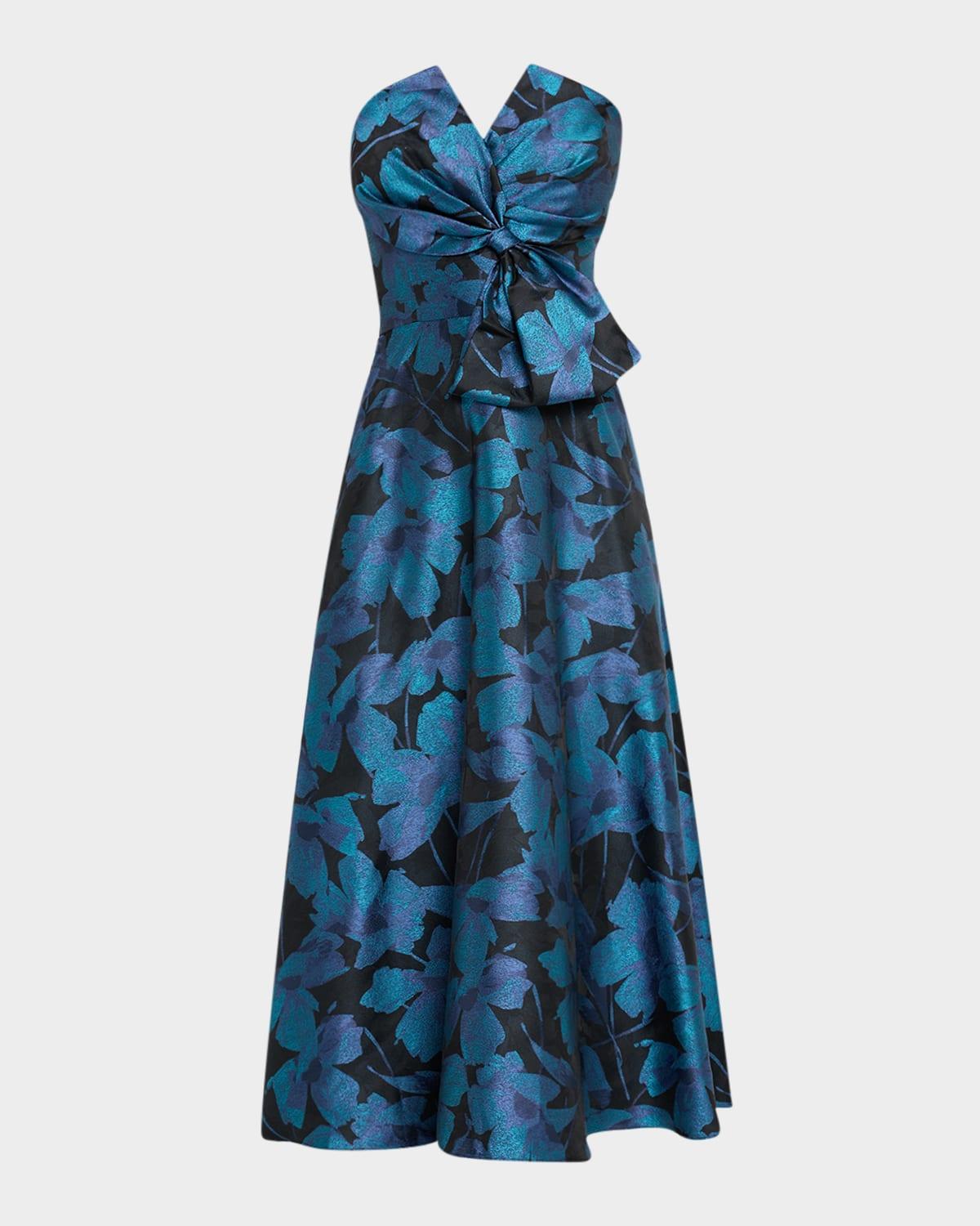 strapless a-line floral jacquard midi dress