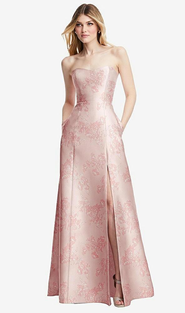strapless a-line floral satin gown with modern bow detail