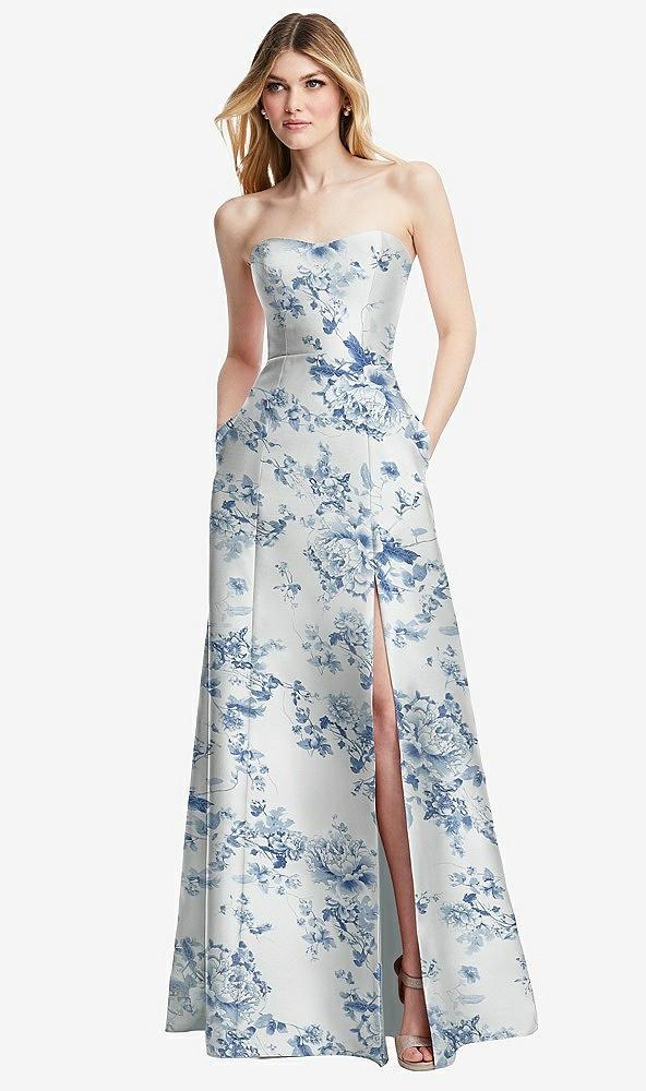 strapless a-line floral satin gown with modern bow detail