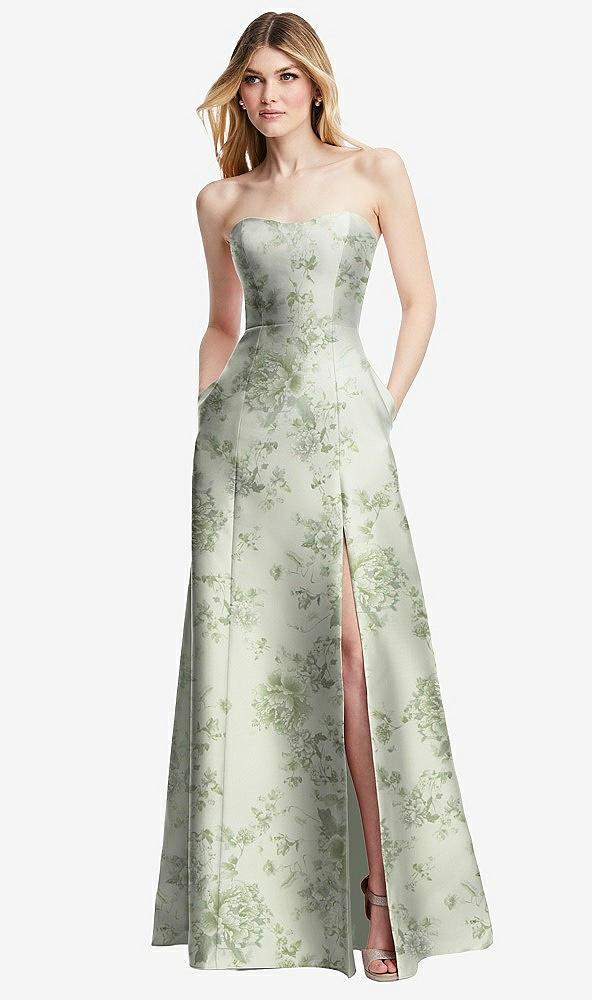 strapless a-line floral satin gown with modern bow detail