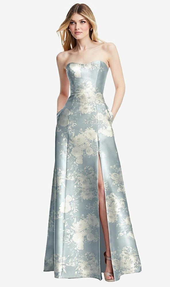 strapless a-line floral satin gown with modern bow detail