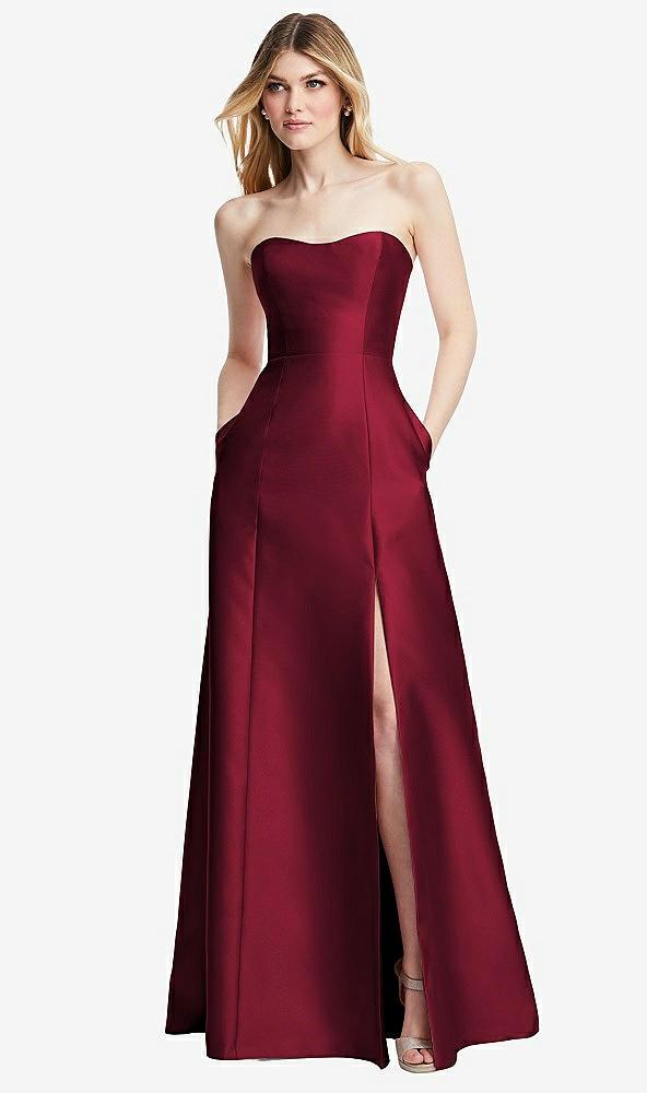 strapless a-line satin gown with modern bow detail