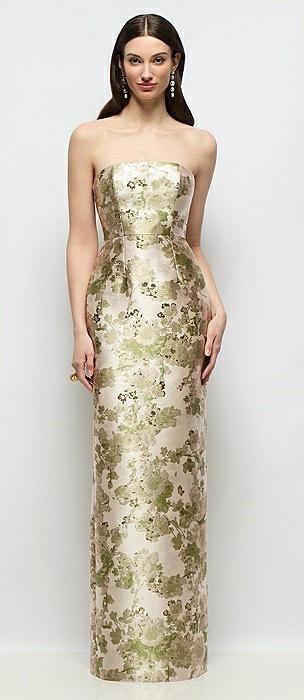 strapless abstract floral jacquard column dress with back slit