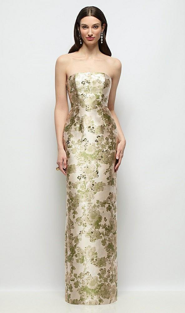 strapless abstract floral jacquard column dress with back slit