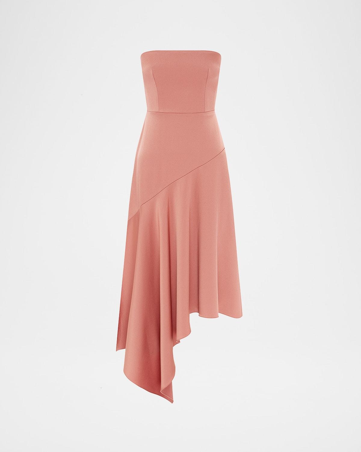 strapless asymmetric satin crepe midi dress