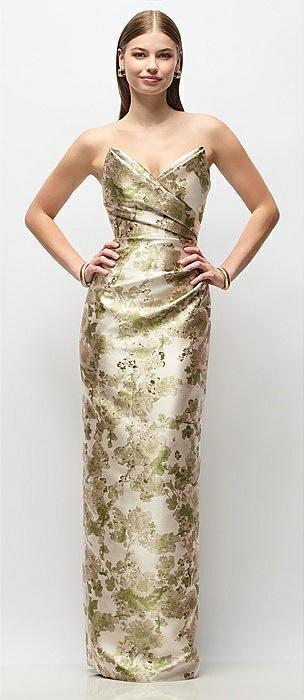 strapless asymmetrical draped abstract floral jacquard column maxi dress