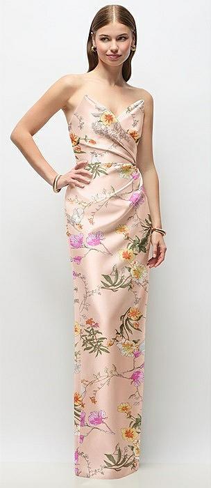 strapless asymmetrical draped satin column floral maxi dress