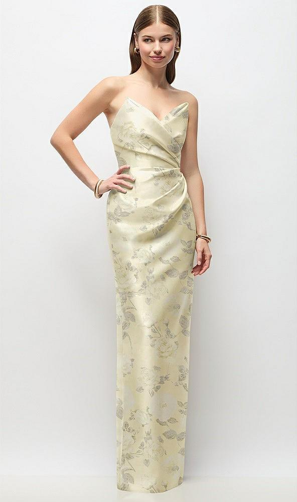 strapless asymmetrical draped satin column floral maxi dress