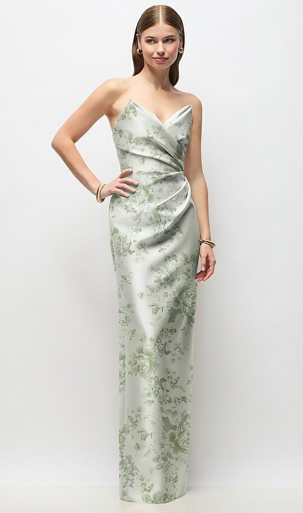 strapless asymmetrical draped satin column floral maxi dress