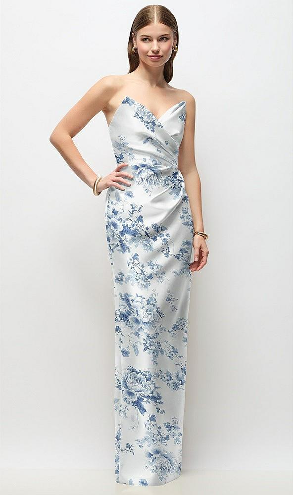 strapless asymmetrical draped satin column floral maxi dress
