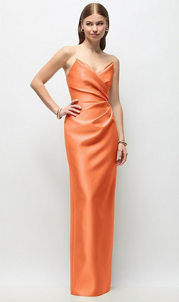 strapless asymmetrical draped satin column maxi dress