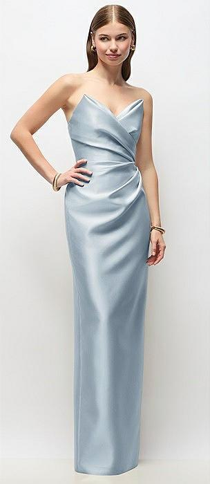 strapless asymmetrical draped satin column maxi dress