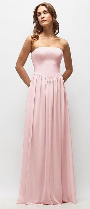 strapless basque drop waist chiffon maxi dress with shirred skirt